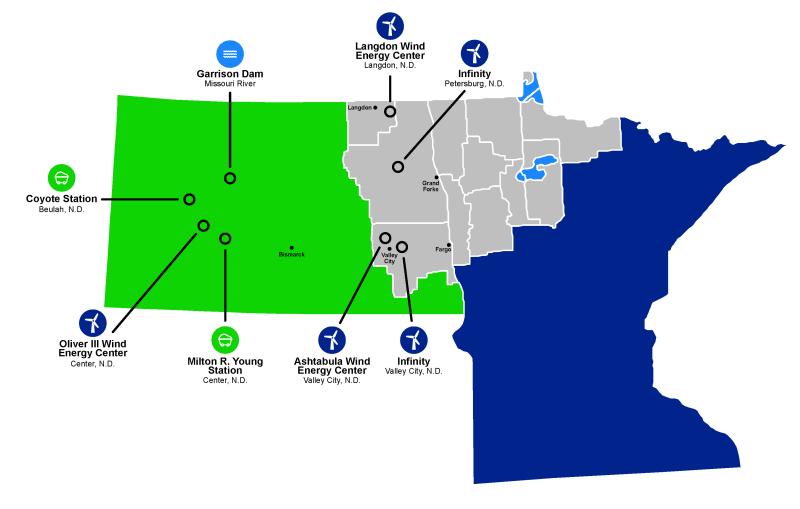 Map of Minnkota Power Cooperative Service Area with Generation Resources